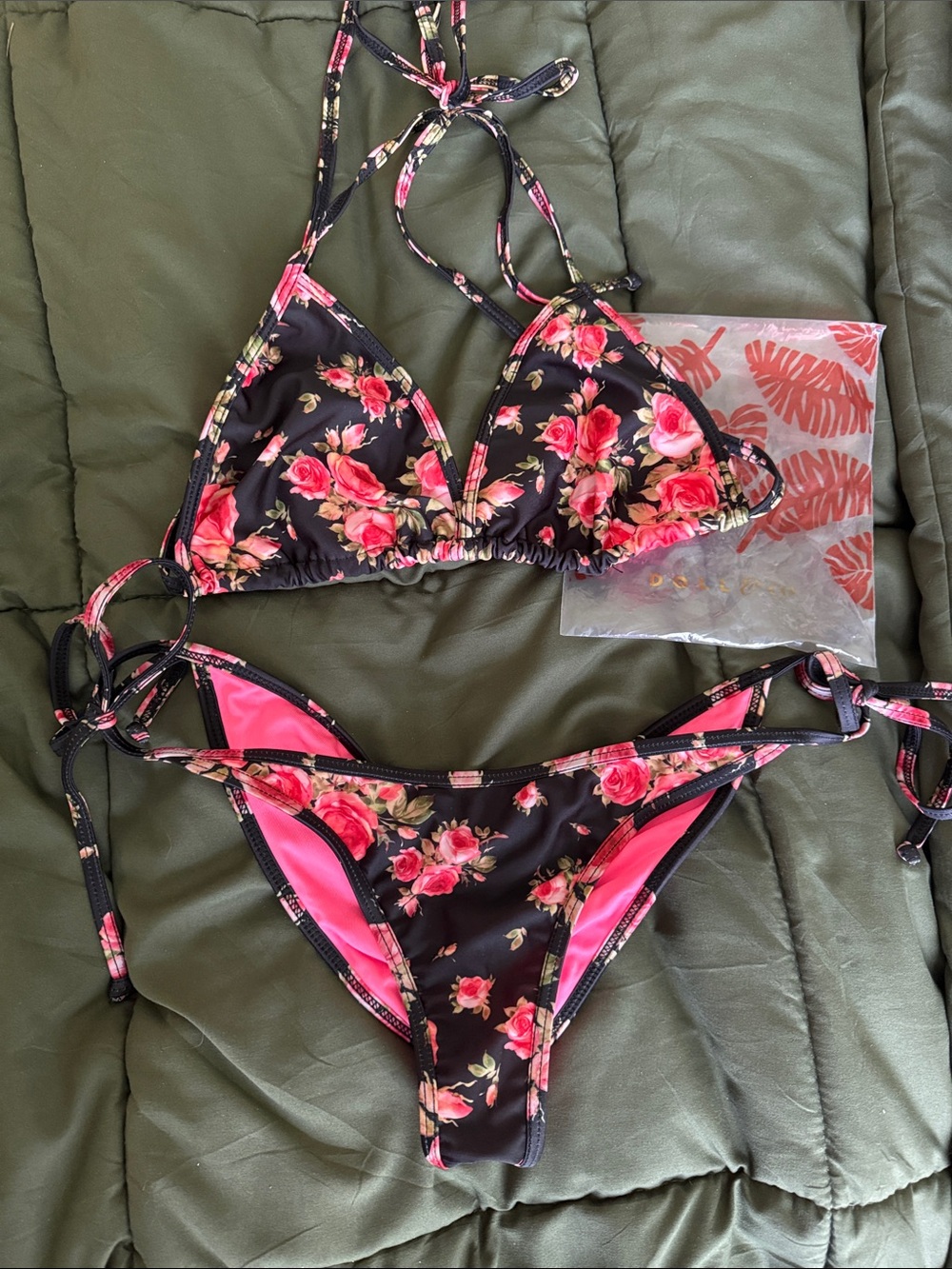 Floral Tie-Side Bikini Set — Black with Pink Rose Print